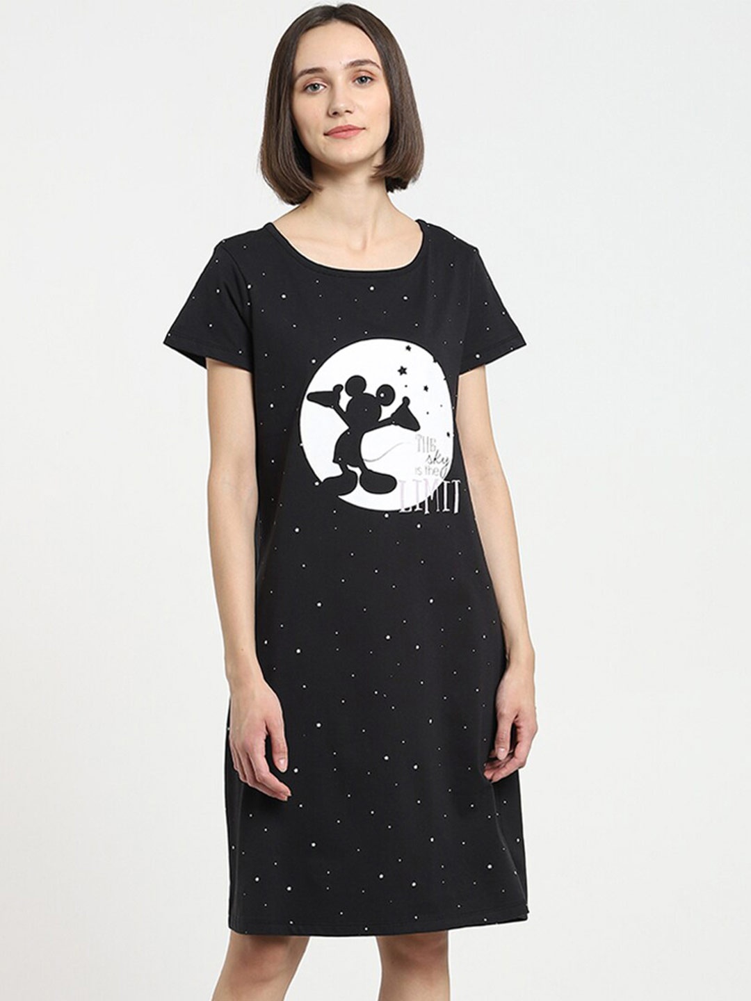 

Bewakoof Women Black Mickey Printed T-shirt Night Dress