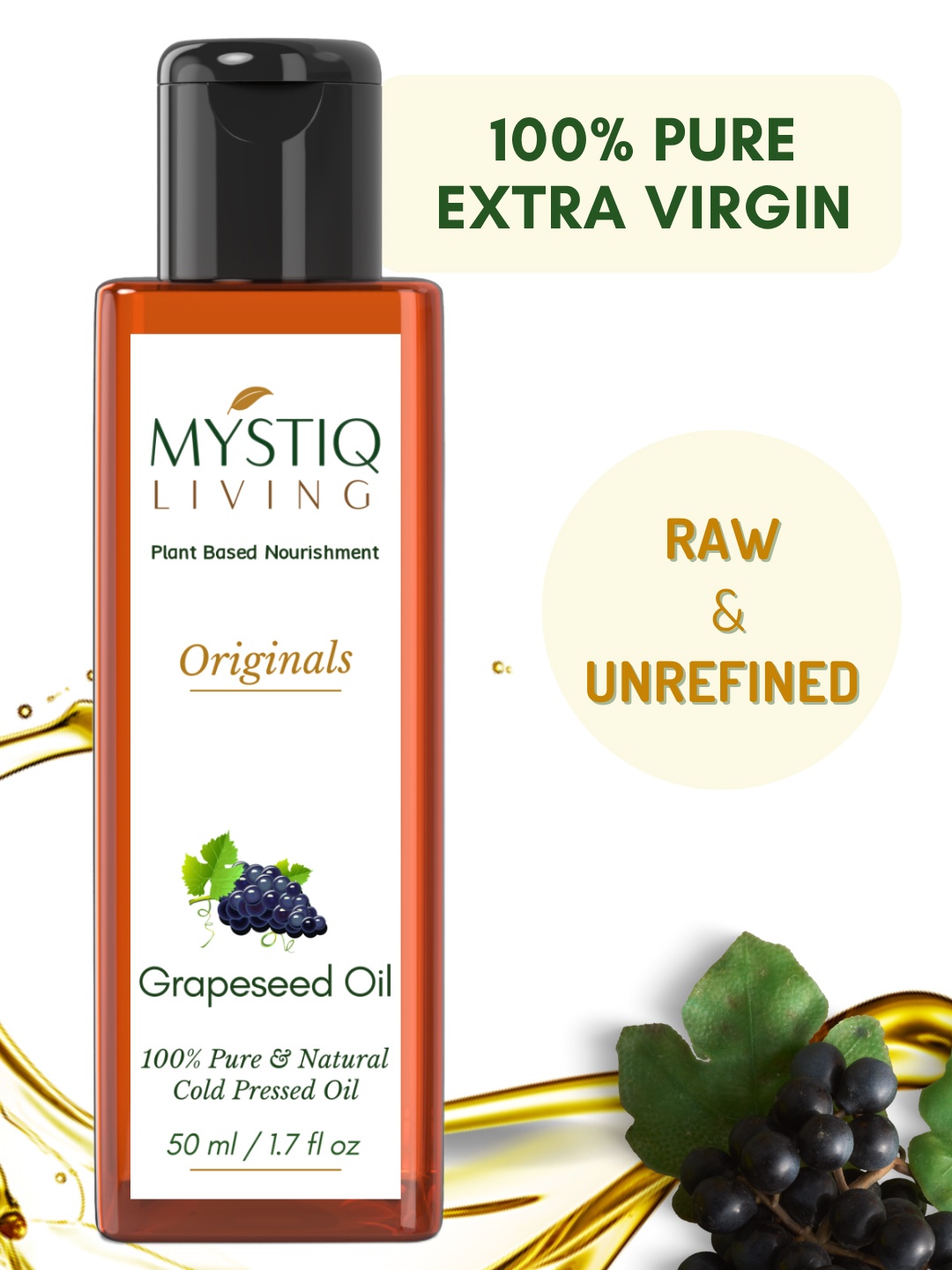 

MYSTIQ LIVING Cold Pressed Grapeseed Oil - 50 ml, Transparent