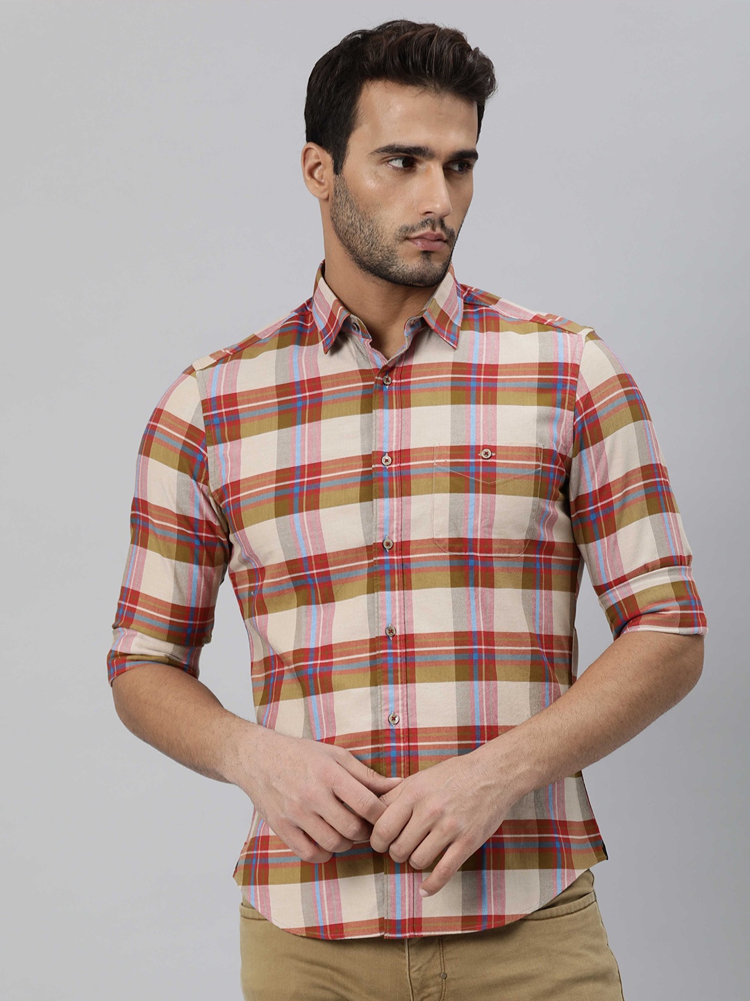 

RARE RABBIT Men Beige Slim Fit Buffalo Checks Checked Cotton Casual Shirt