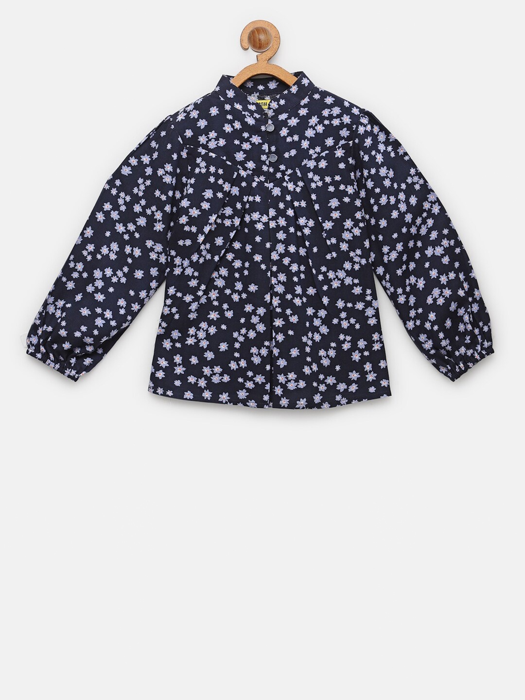 

NYNSH Navy Blue Floral Print Mandarin Collar Shirt Style Top
