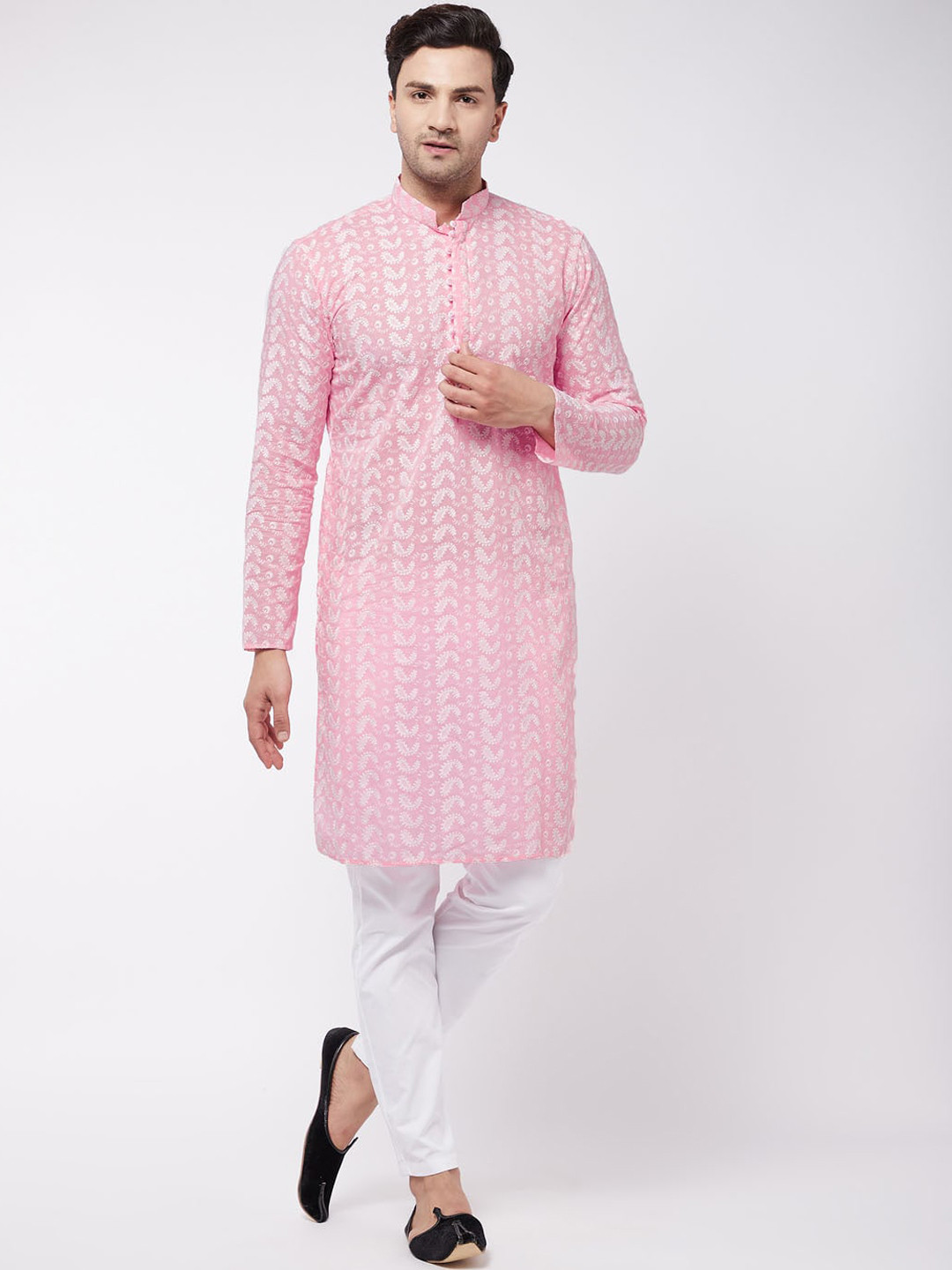 

VASTRAMAY Men Pink Chikankari Pure Cotton Kurta with Churidar
