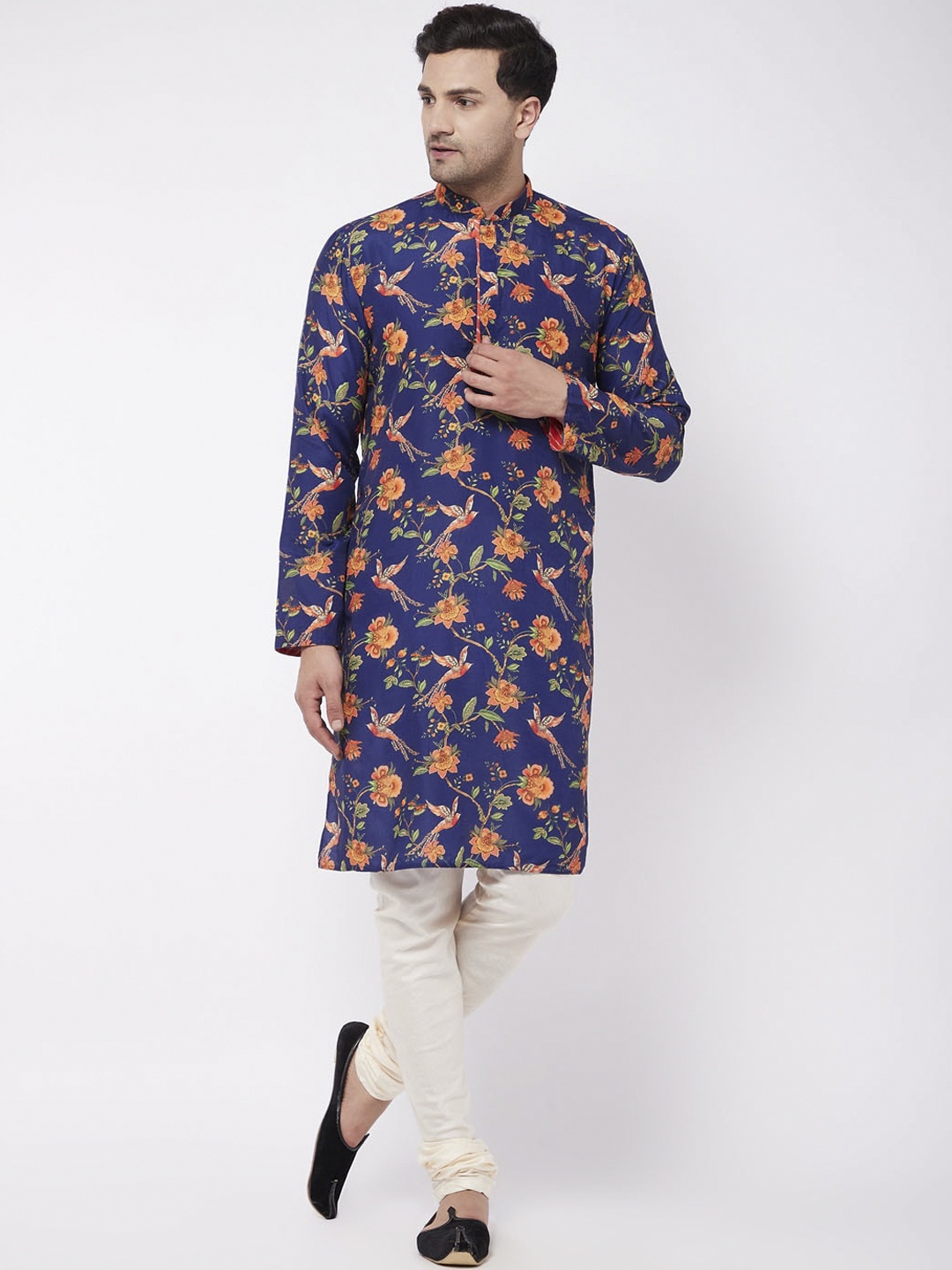 

VASTRAMAY Men Blue Floral Printed Kurta With Pyjamas