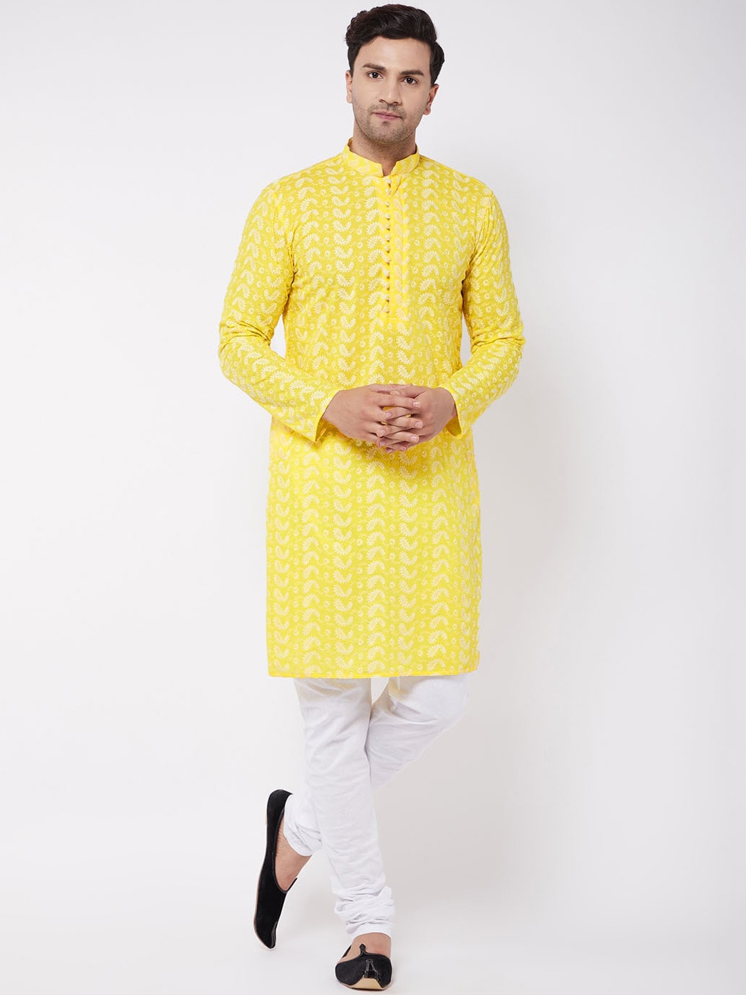 

VASTRAMAY Men Yellow And White Chikankari Kurta Pyjama Set, Mustard