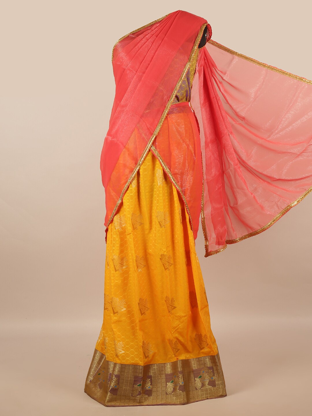 

Pothys Peach-Coloured & Yellow Unstitched Lehenga & Blouse With Dupatta