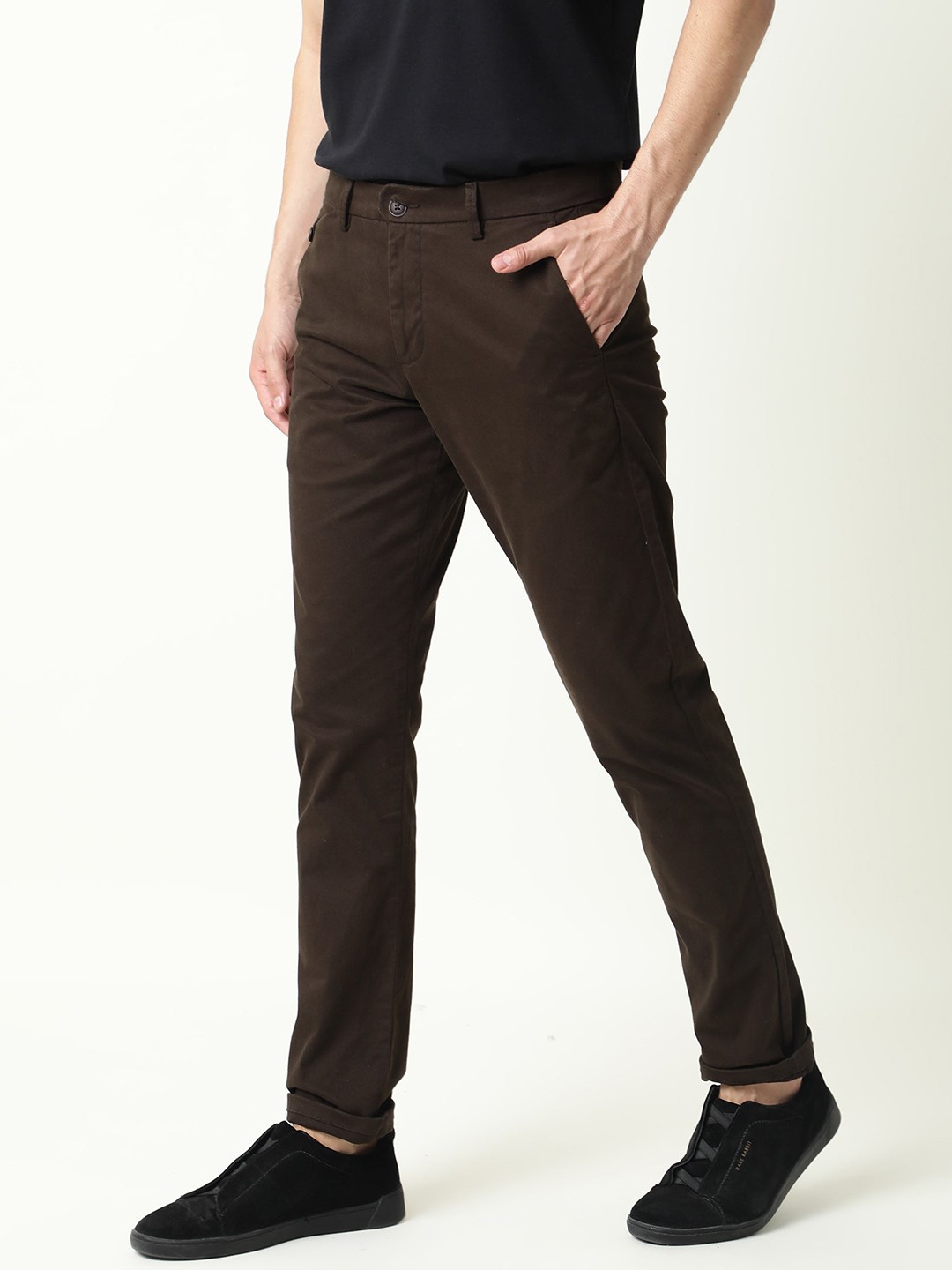 

RARE RABBIT Men Aps Mid-Rise Slim Fit Trouser, Coffee brown