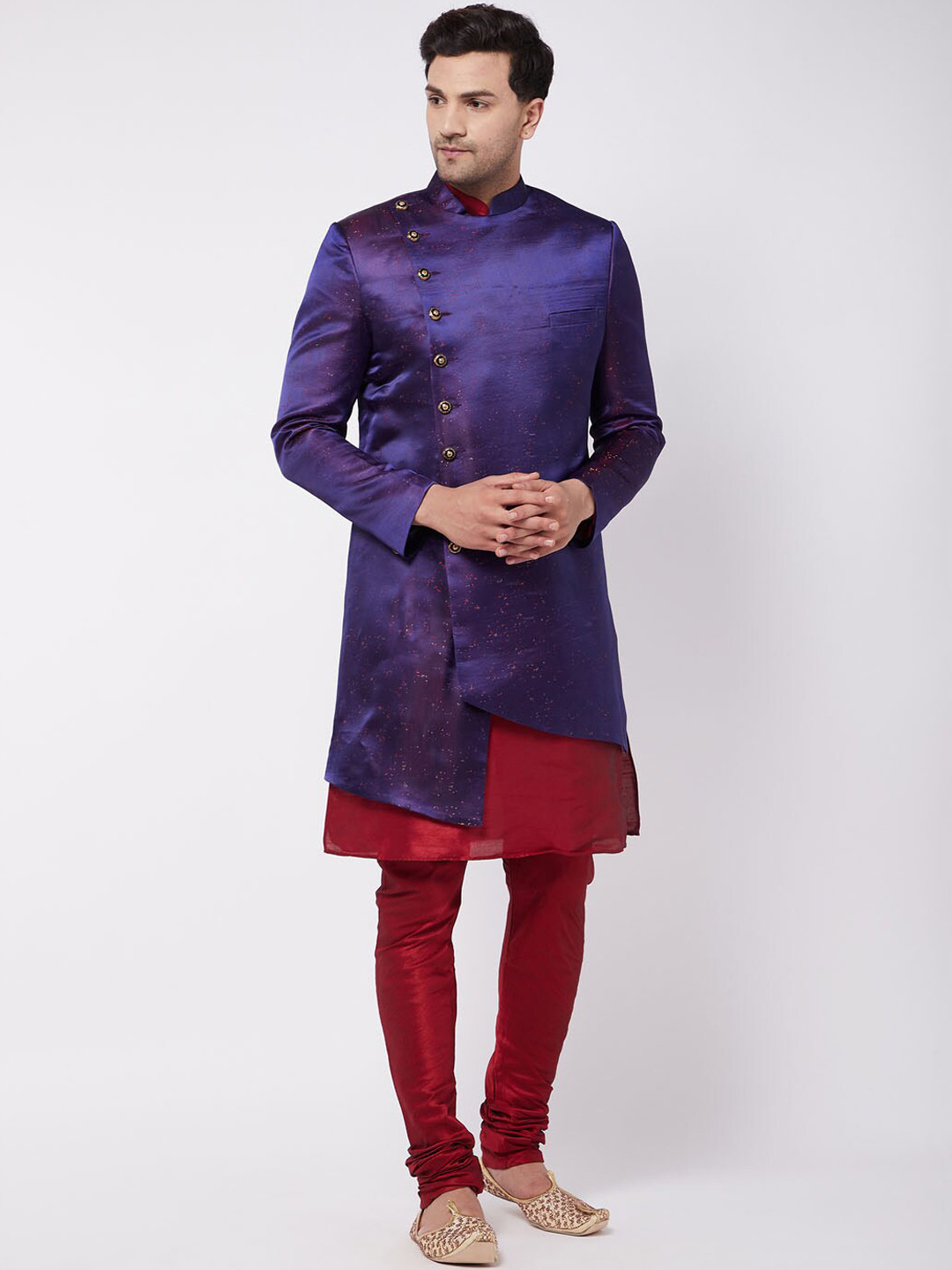 

VASTRAMAY Men Purple & Maroon Solid Angrakha Sherwani Set