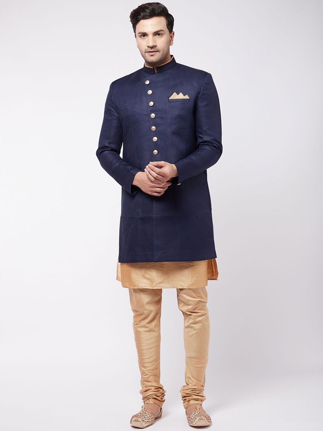 

VASTRAMAY Men Navy Blue & Beige Solid Achkan Sherwani Set