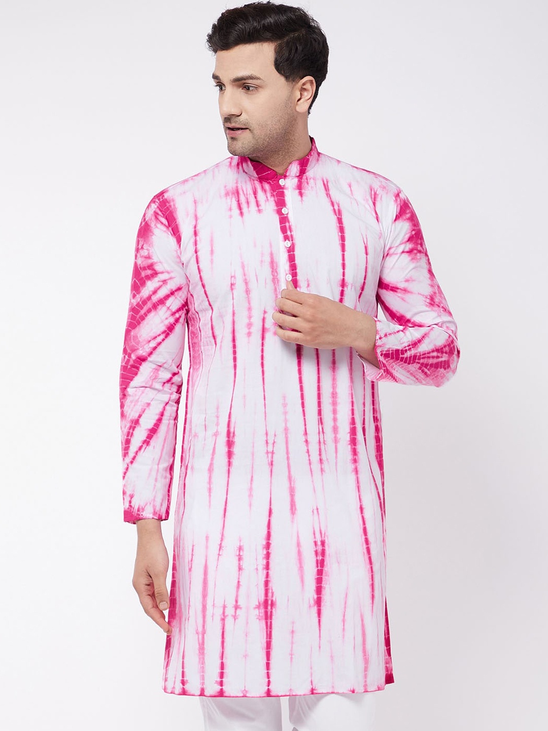 

VASTRAMAY Men Pink & White Tie and Dye Regular Kurta