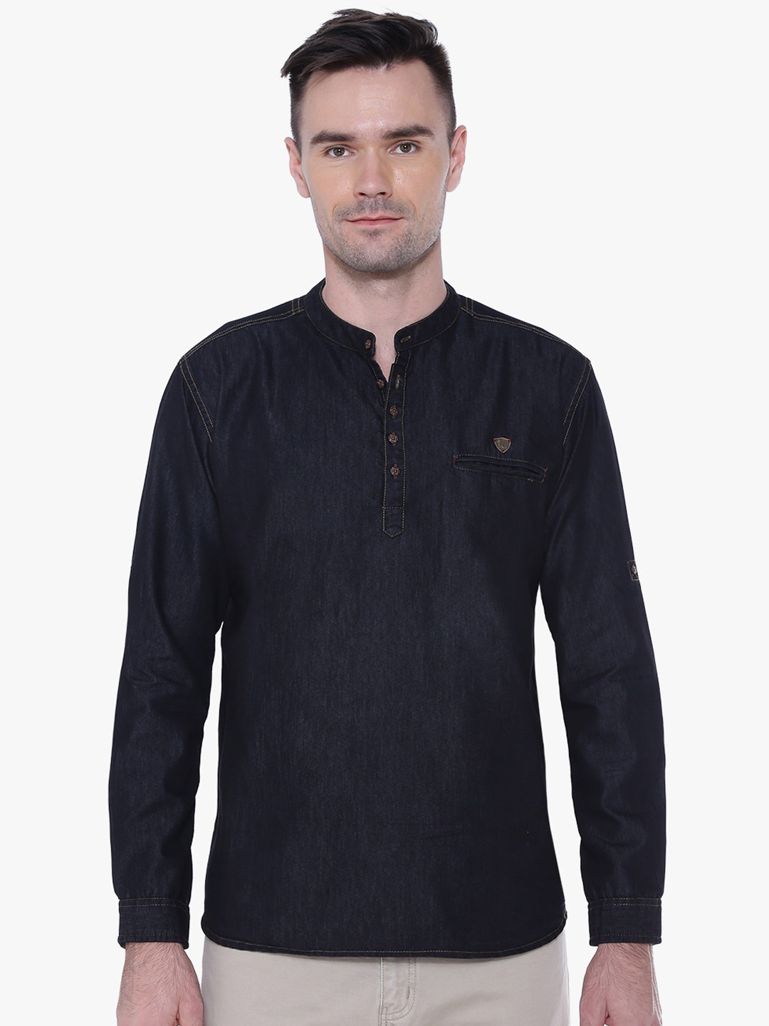 

Kuons Avenue Men Black Thread Work Denim Kurta