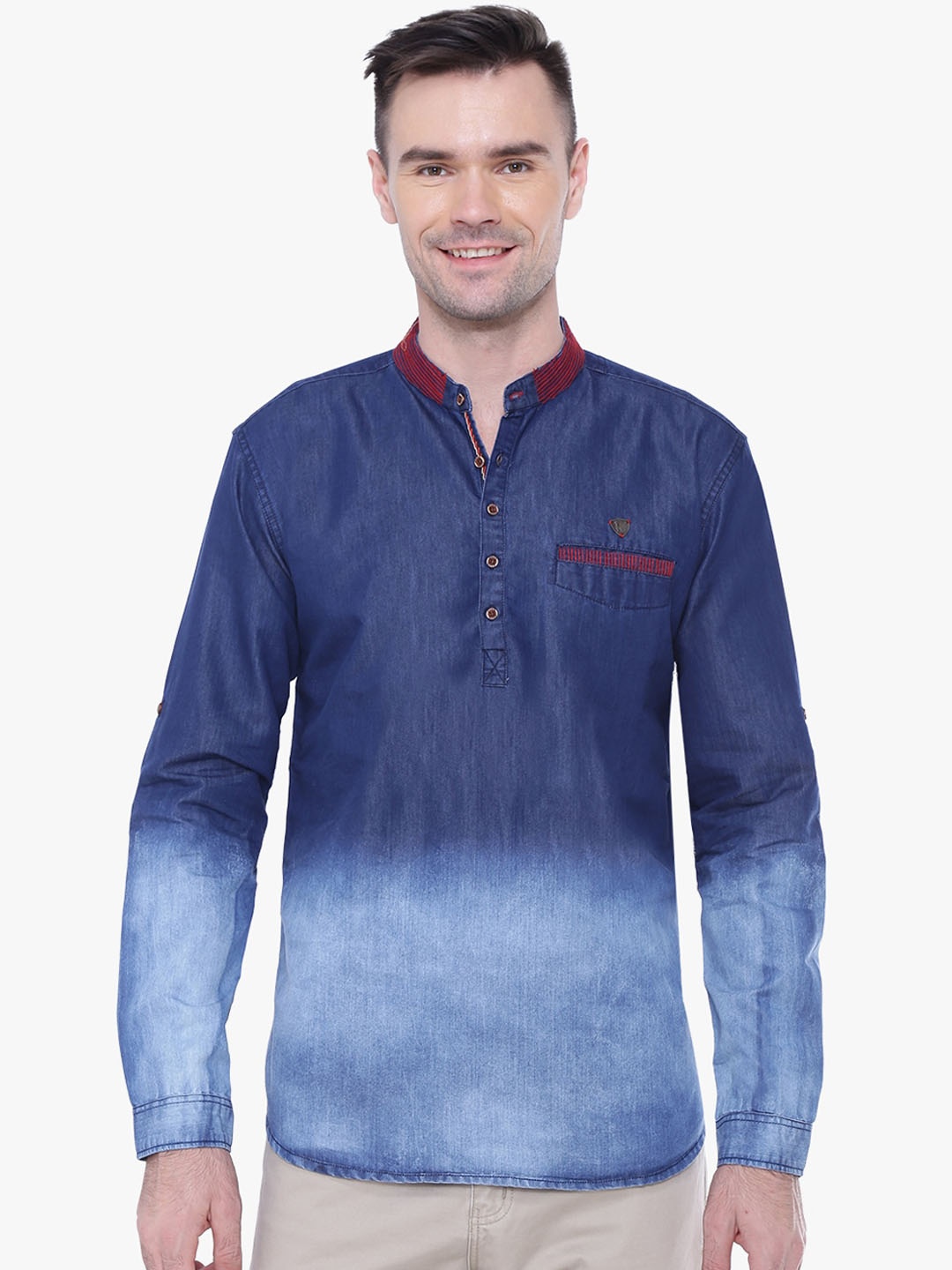 

Kuons Avenue Men Blue Striped Thread Work Denim Kurta