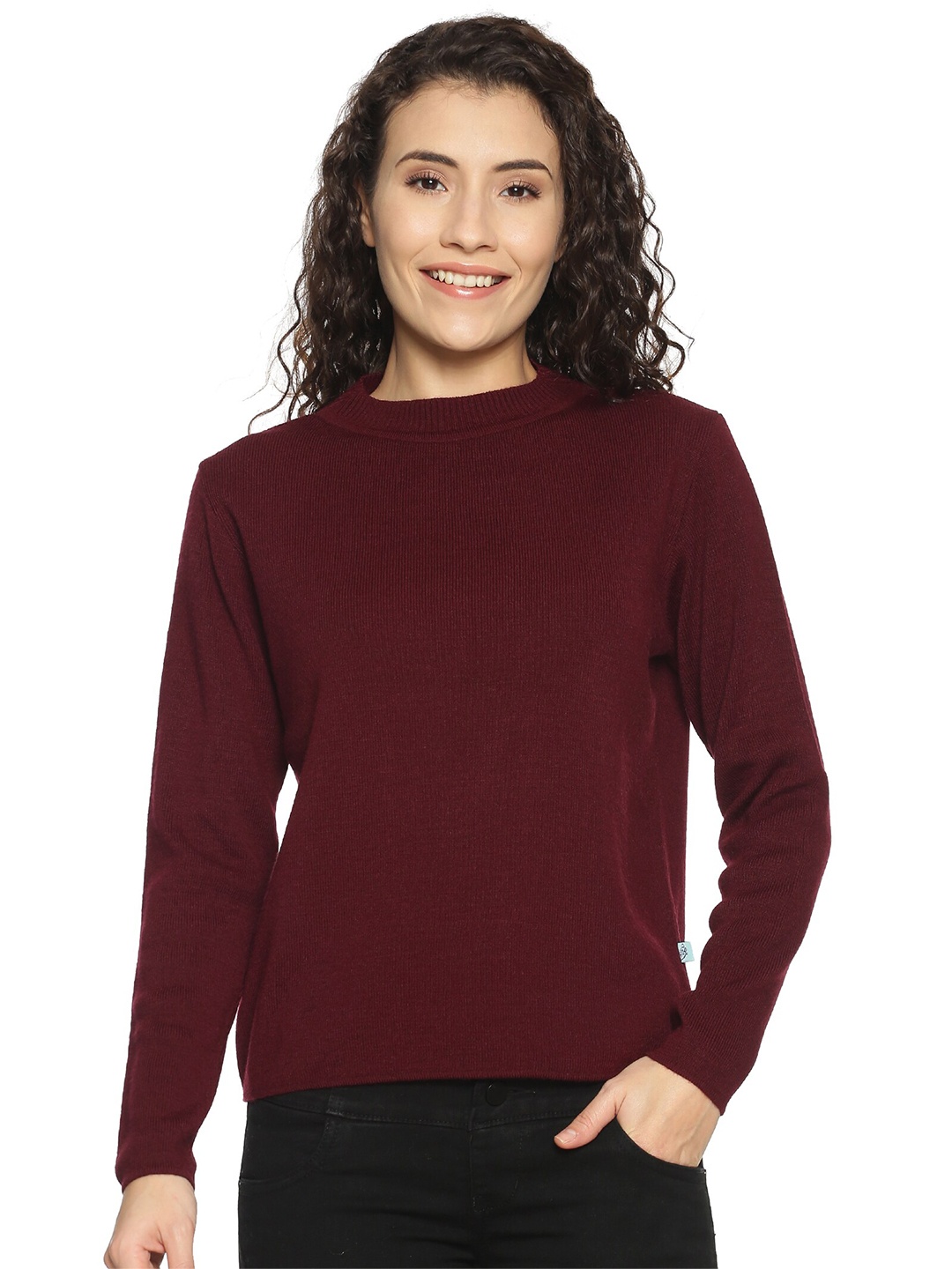

BEVERLY BLUES Women Maroon Solid Round Neck Pullover Sweater
