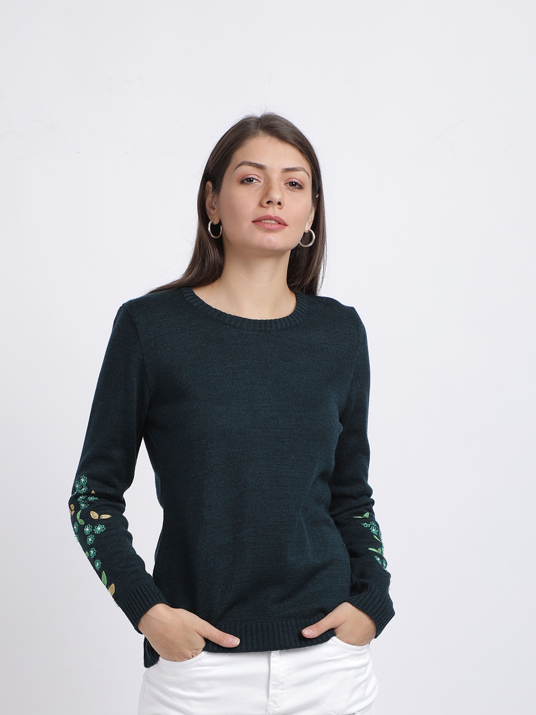 

BEVERLY BLUES Women Charcoal Embroidered Pullover