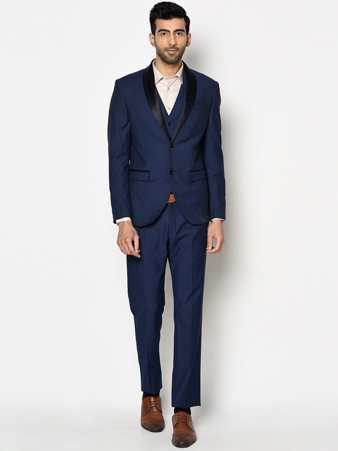 

Blackberrys Men Blue Printed Single-Breasted Slim-Fit Three-Piece Suit