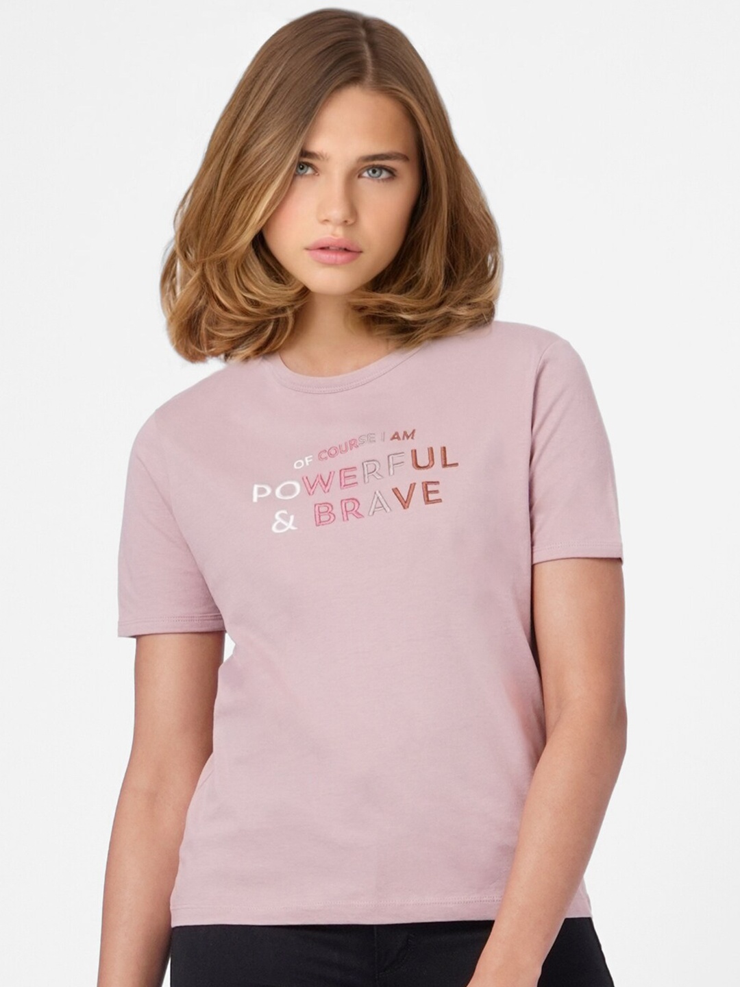 

ONLY Women Mauve & White Cotton Typography T-shirt