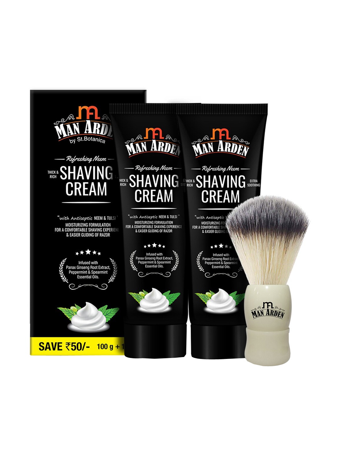 

Man Arden Set of 2 Refreshing Neem Shaving Cream & 1 Royal White Shaving Brush, Black