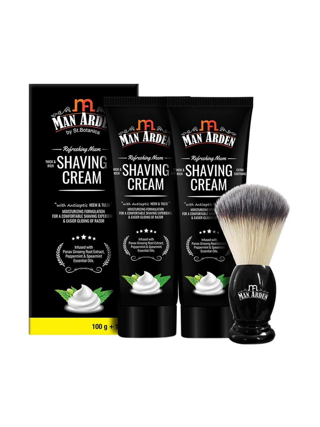 

Man Arden Classic Shaving Brush With Extra Soft Bristles Set Of 3 Refreshing Neem Shaving Cream- 200 g, Black