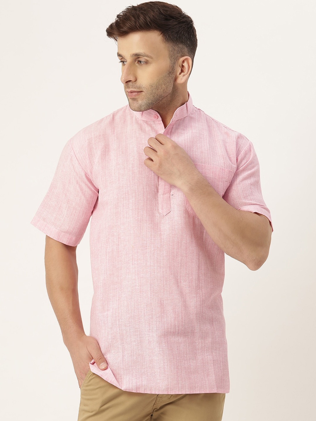 

KHADIO Men Pink Thread Work Kurta