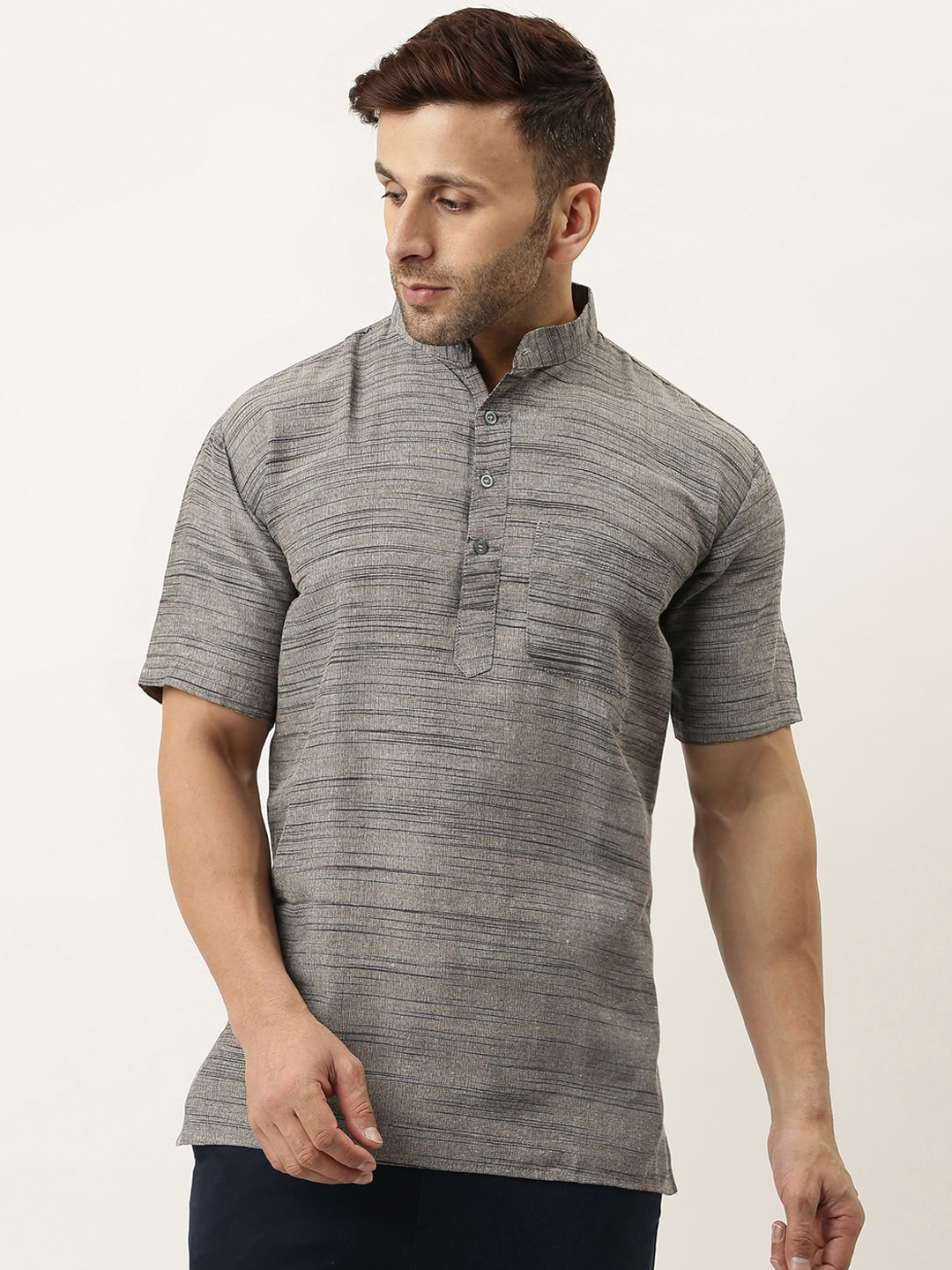 

KHADIO Men Grey Thread Work Kurta