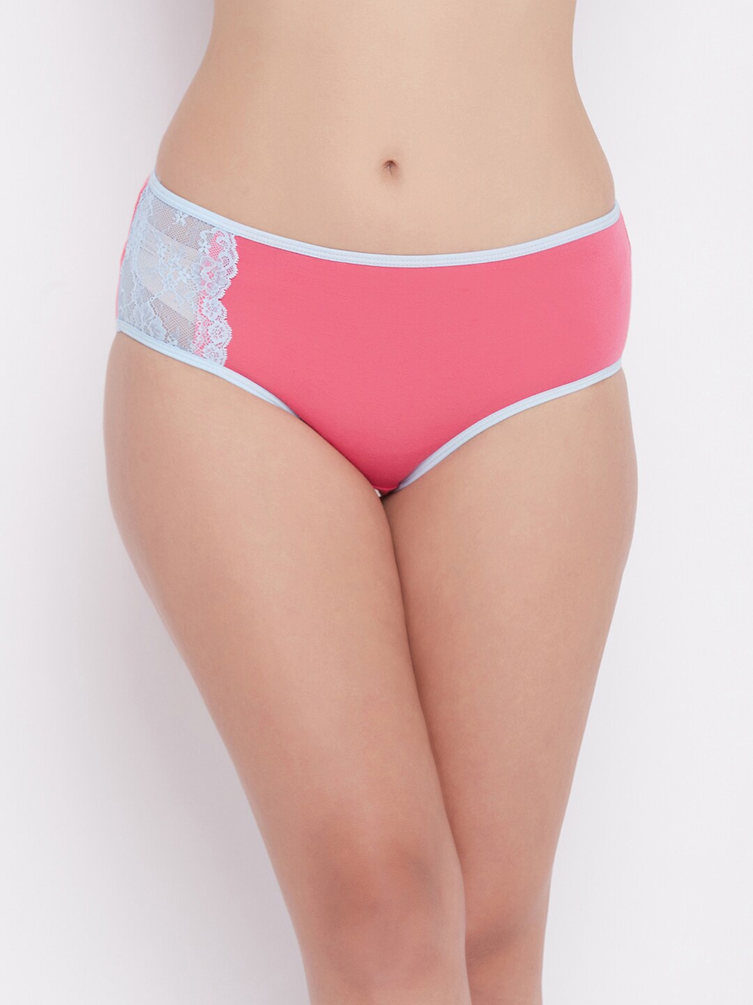 

Clovia Women Pink & Blue Solid Cotton Lace Hipster Briefs