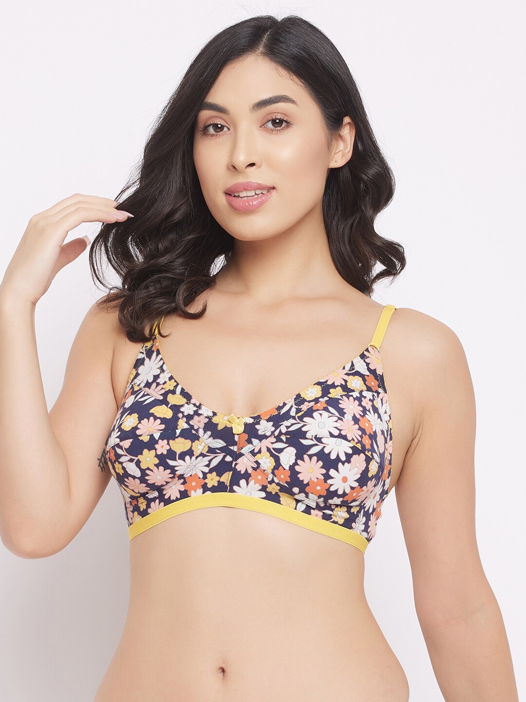 

Clovia Purple & Yellow Non Padded Wirefree Full Coverage Floral Bra