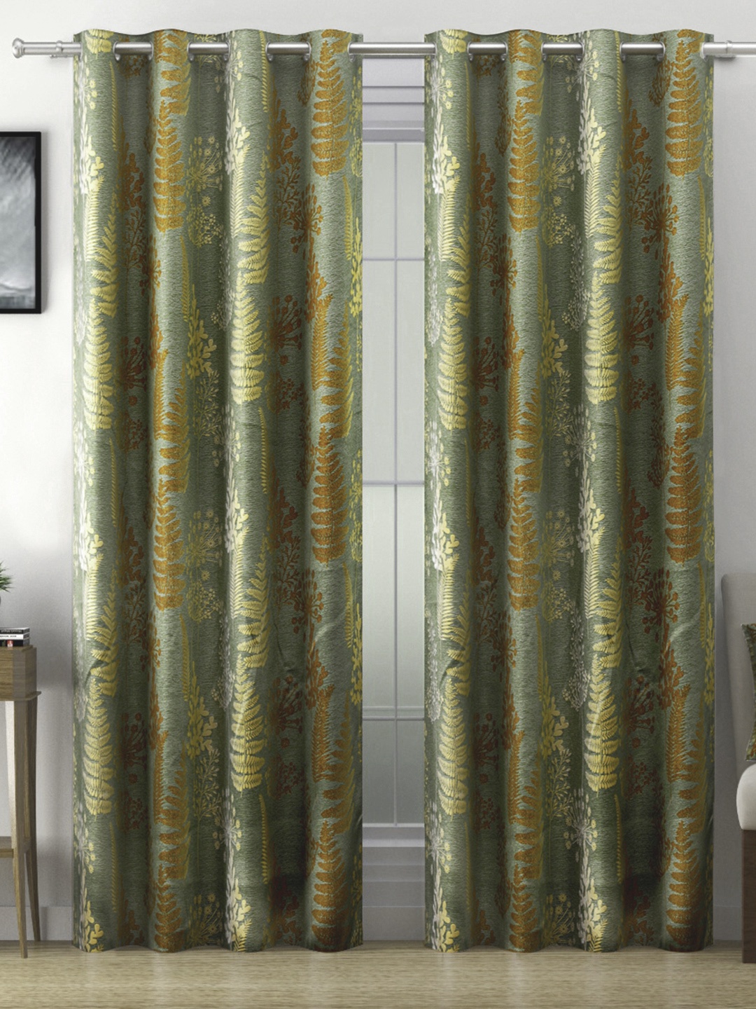 

SWAYAM Brown & Yellow Set of 2 Floral Room Darkening Long Door Curtain