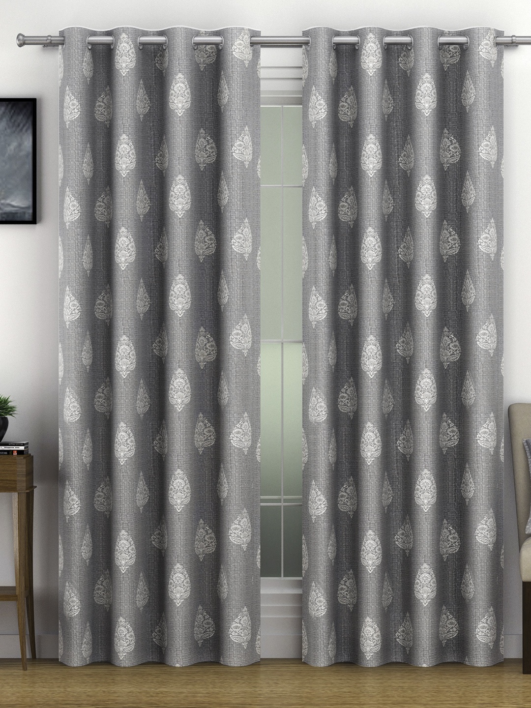 

SWAYAM Set of 2 Grey & White Ethnic Motifs Room Darkening Long Door Curtain