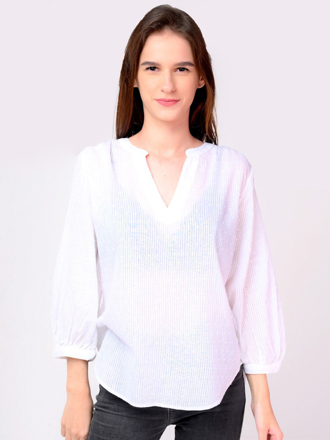 

NoBarr White Striped Mandarin Collar Top