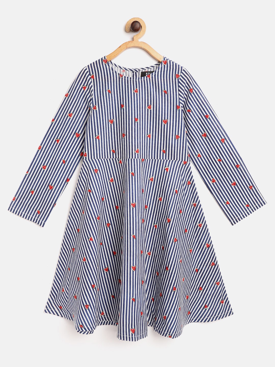 

HERE&NOW Navy Blue & White Striped Pure Cotton A-Line Dress