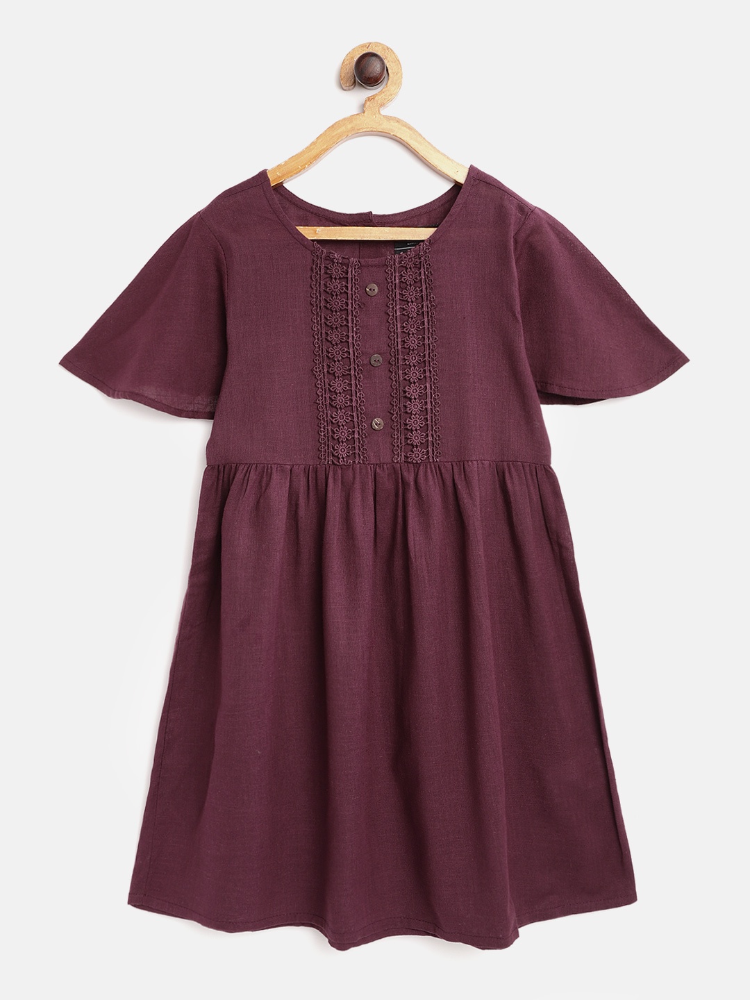 

HERE&NOW Girls Aubergine Solid Lace Inserts Cotton Fit & Flare Dress, Purple