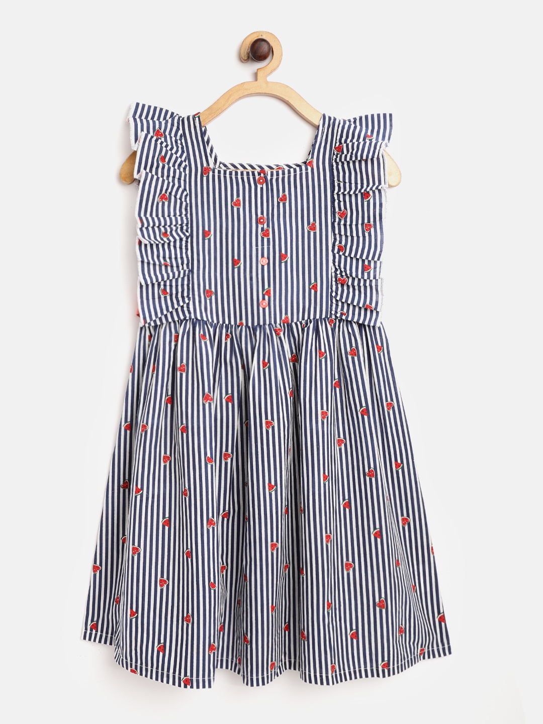 

HERE&NOW Girls Navy Blue & White Striped Print Ruffled Cotton Tie-Ups Fit & Flare Dress