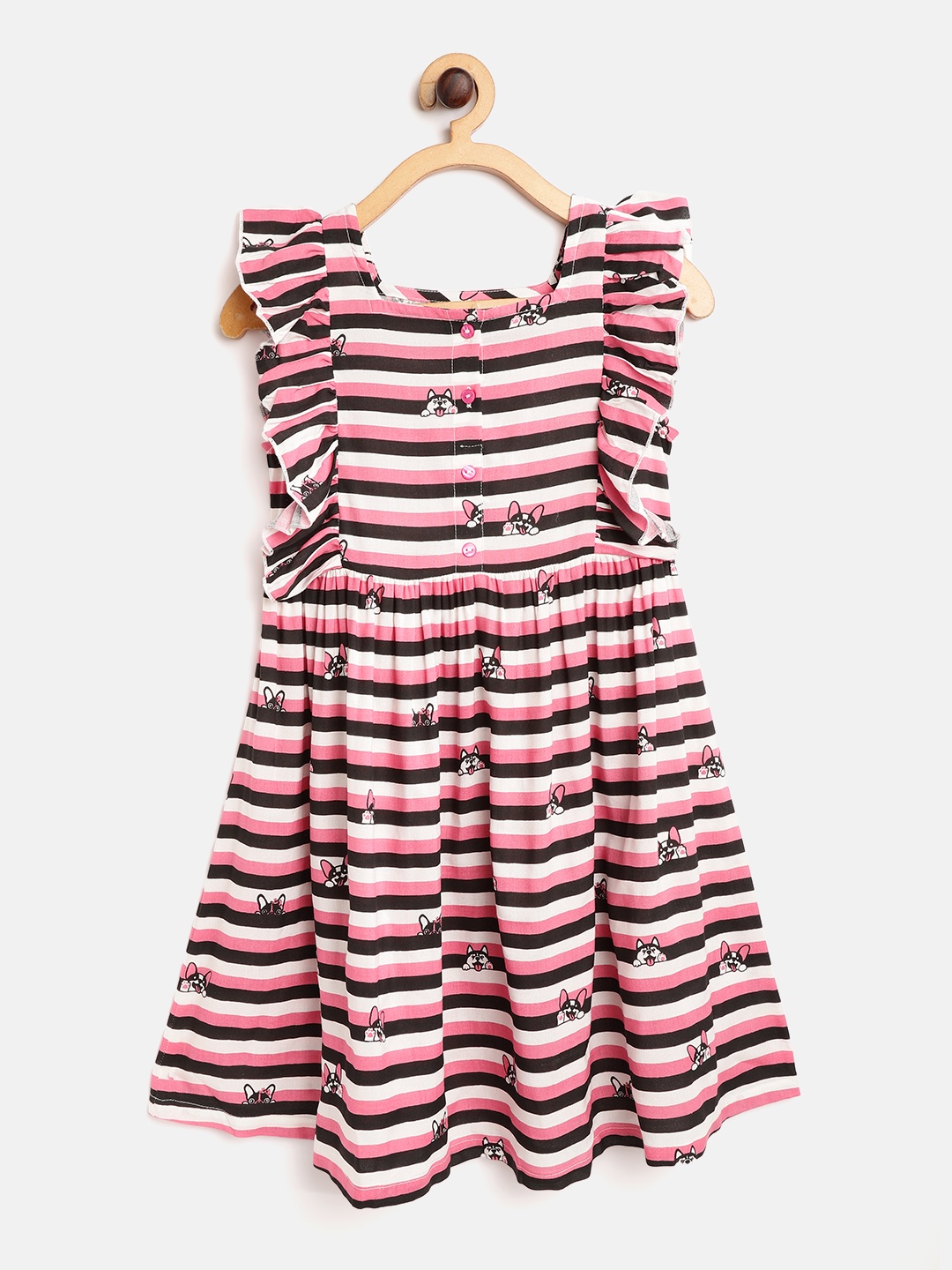 

HERE&NOW Girls White & Pink Striped & Conversational Print Tie-Ups Fit & Flare Dress