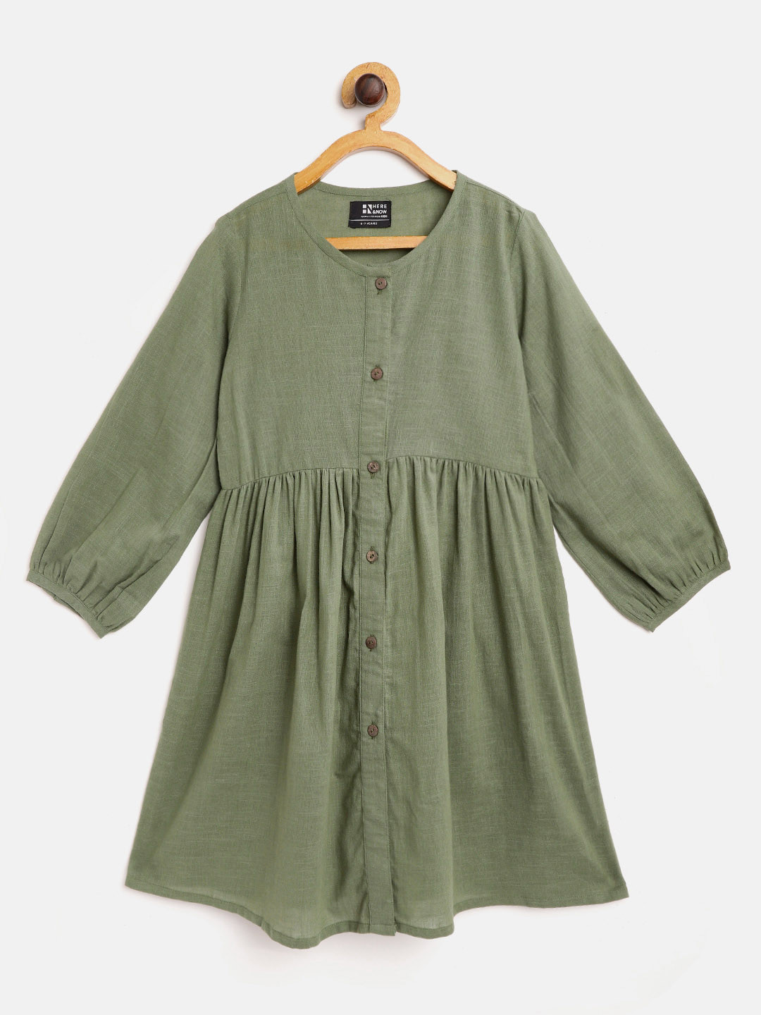 

HERE&NOW Olive Green Solid Pure Cotton Puff Sleeves A-Line Dress