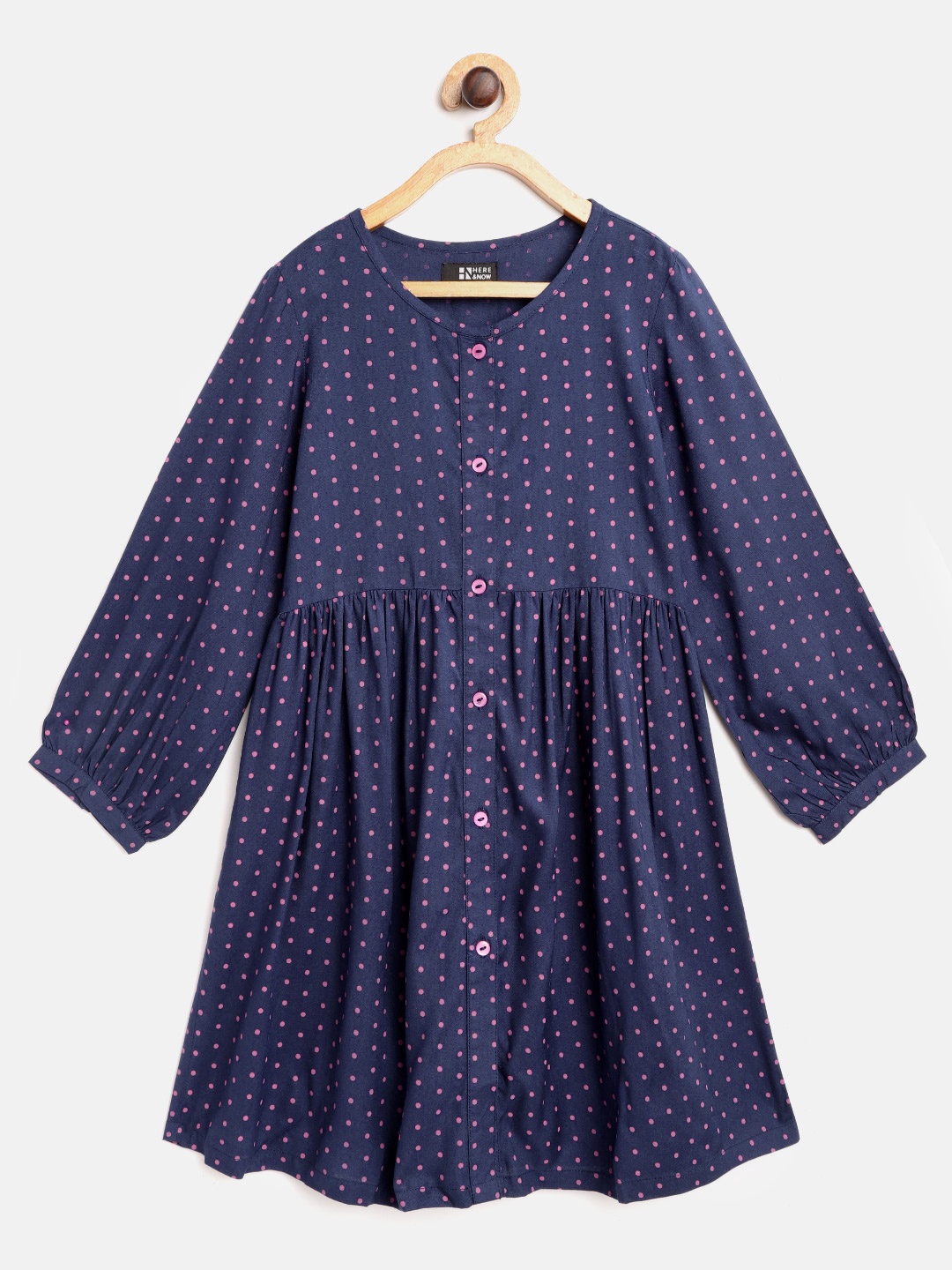 

HERE&NOW Girls Navy Blue & Pink Polka Dot Print Fit & Flare Dress