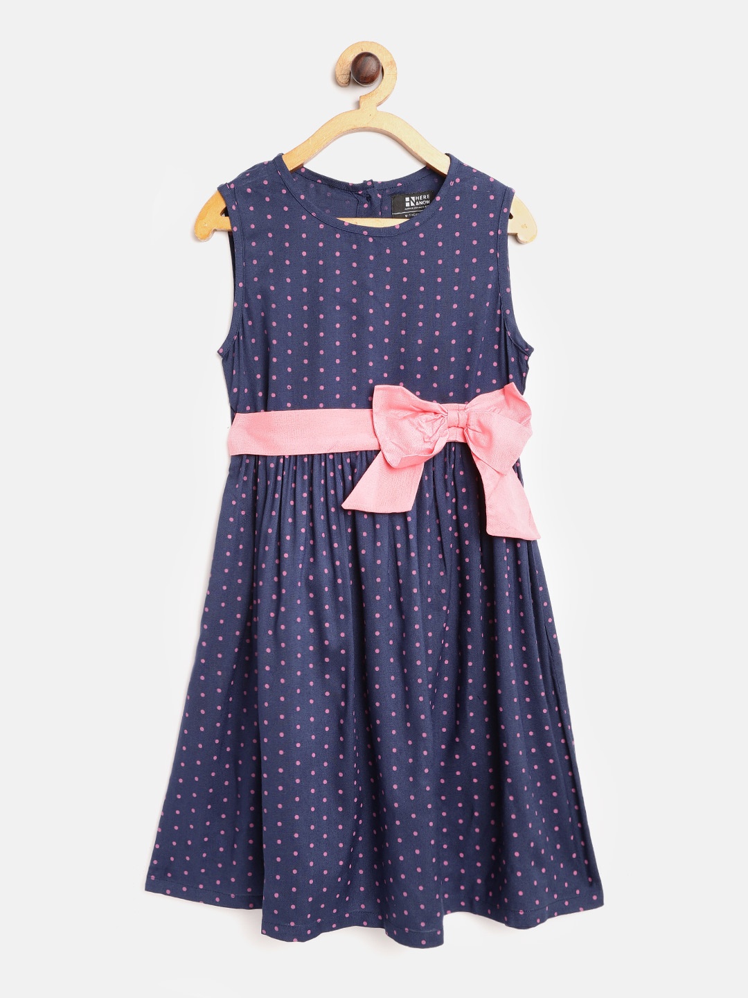 

HERE&NOW Girls Navy Blue & Pink Polka Dot Print Fit & Flare Dress with Tie-Ups