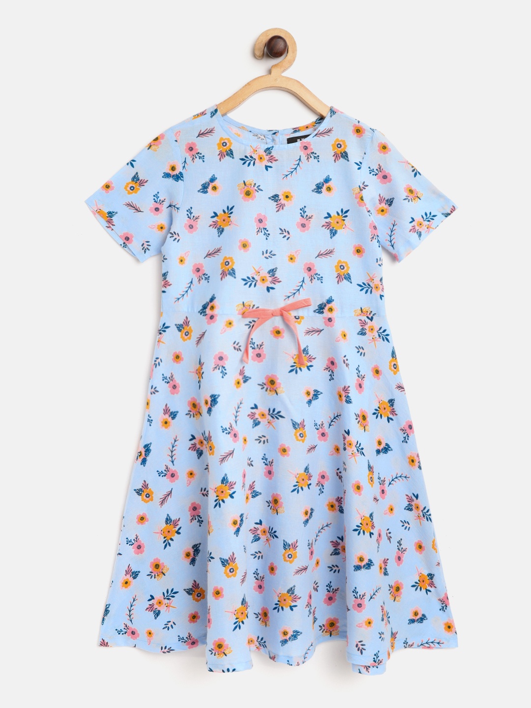 

HERE&NOW Girls Blue & Pink Floral Print Cotton A-Line Dress with Bow Detail