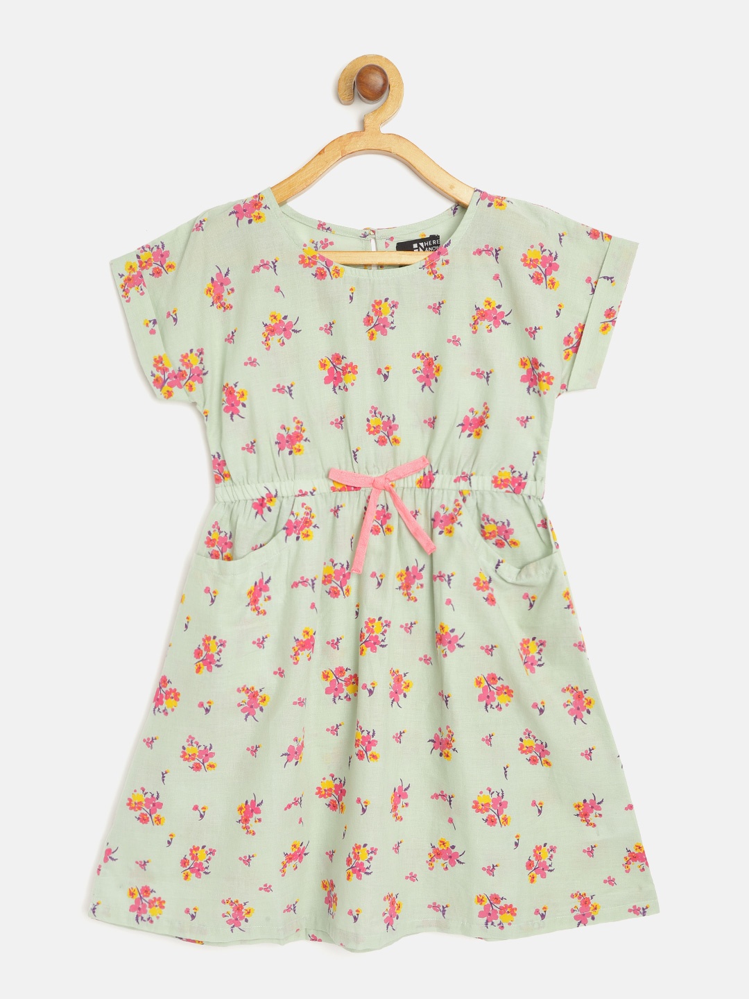 

HERE&NOW Girls Mint Green & Pink Floral Print Bow Detail Cotton Fit & Flare Dress