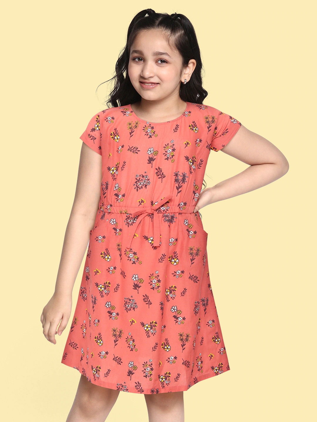 

HERE&NOW Girls Peach-Coloured & Coffee Brown Floral Bow Detail Cotton Fit & Flare Dress