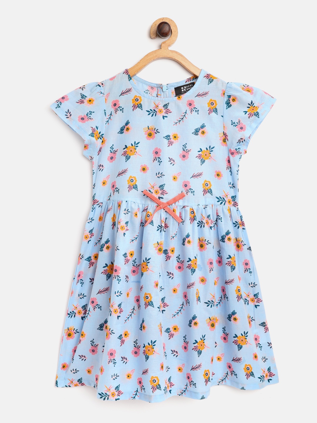 

HERE&NOW Girls Blue & Pink Floral Print Cotton Fit & Flare Dress with Bow Detail