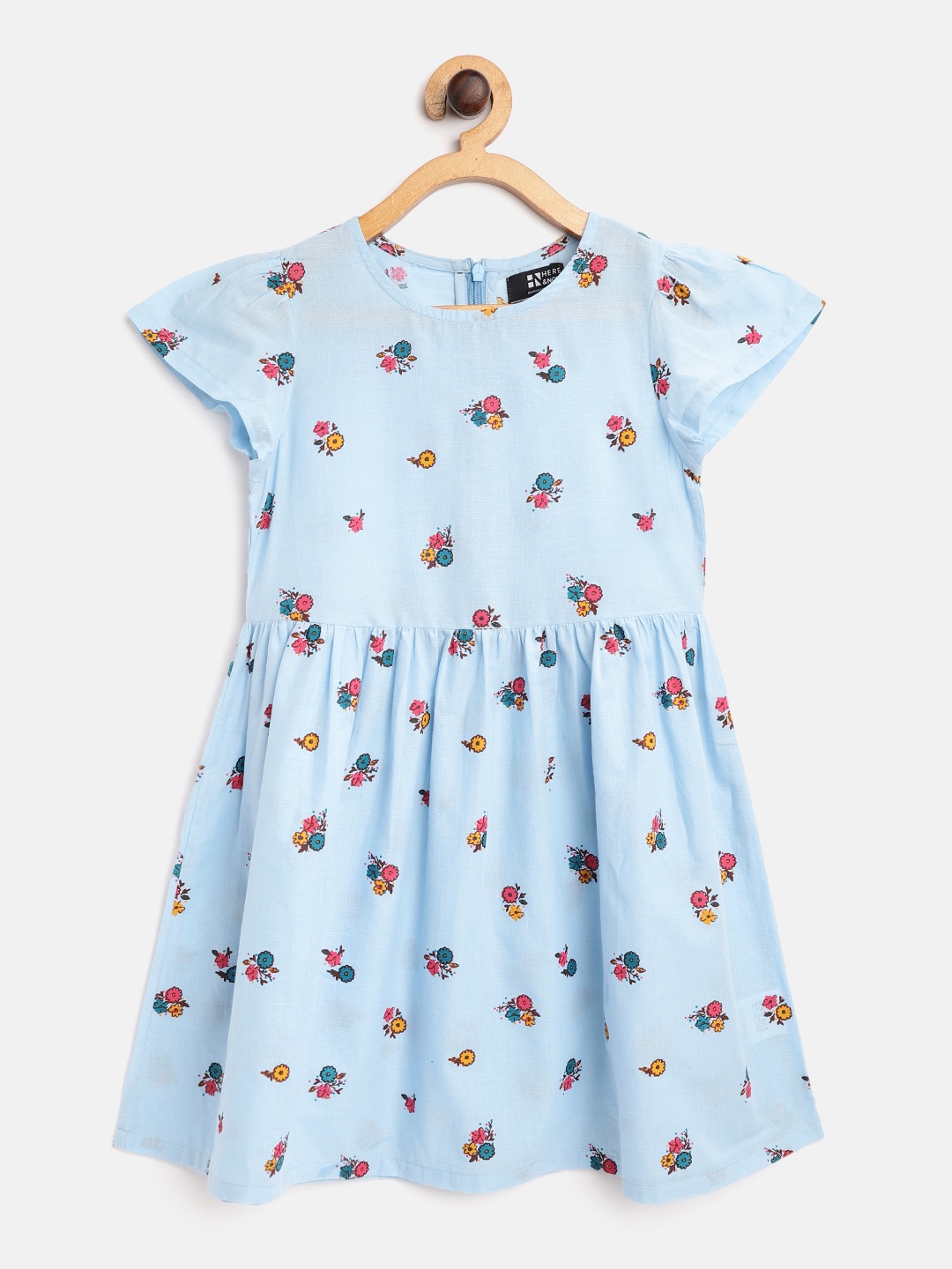 

HERE&NOW Girls Blue & Pink Floral Print Cotton Fit & Flare Dress