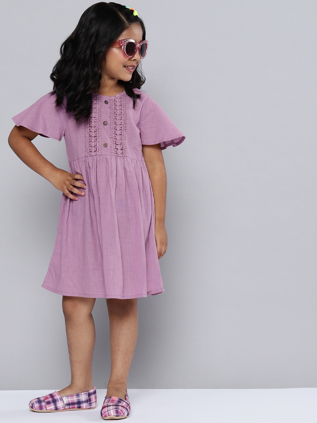 

HERE&NOW Girls Purple Solid Lace Inserts Cotton Fit & Flare Dress