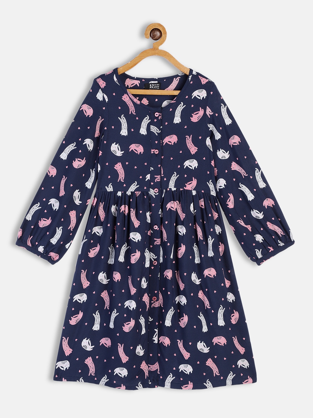 

HERE&NOW Girls Navy Blue Conversational Printed A-Line Dress