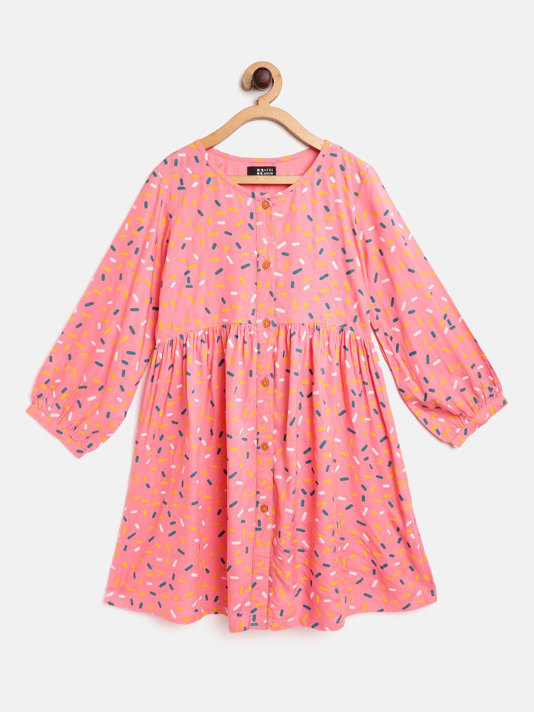 

HERE&NOW Girls Pink & Mustard Yellow Ditsy Geometric Print Fit & Flare Dress