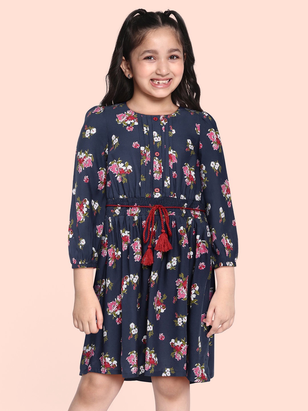 

HERE&NOW Girls Navy Blue Floral Printed Fit and Flared Dress