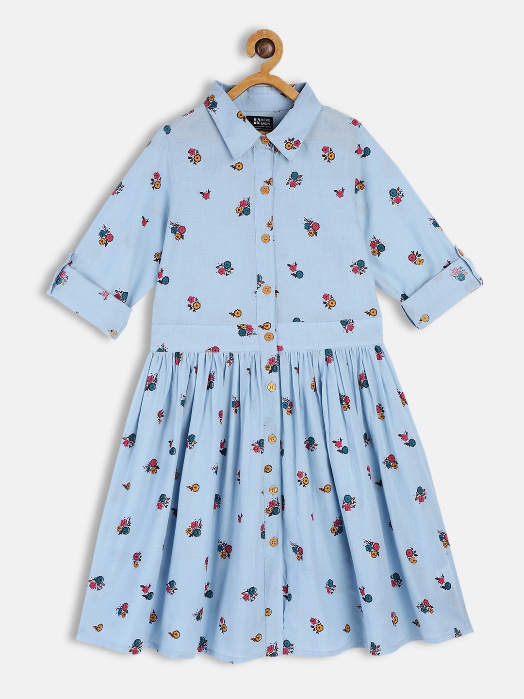 

HERE&NOW Girls Blue Floral Printed Pure Cotton Shirt Dress