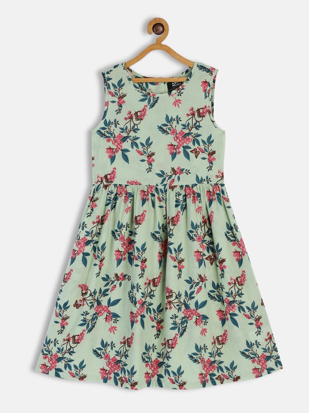 

HERE&NOW Girls Green Floral Printed Pure Cotton Fit and Flare Dress