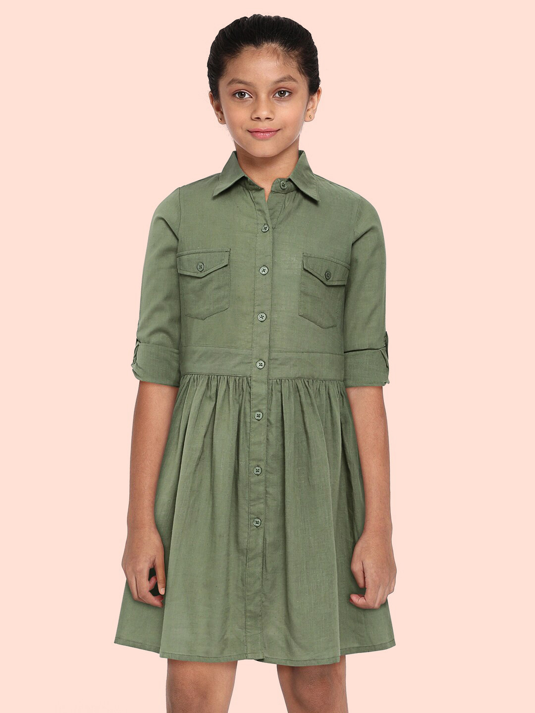 

HERE&NOW Girls Green Pure Cotton Shirt Dress