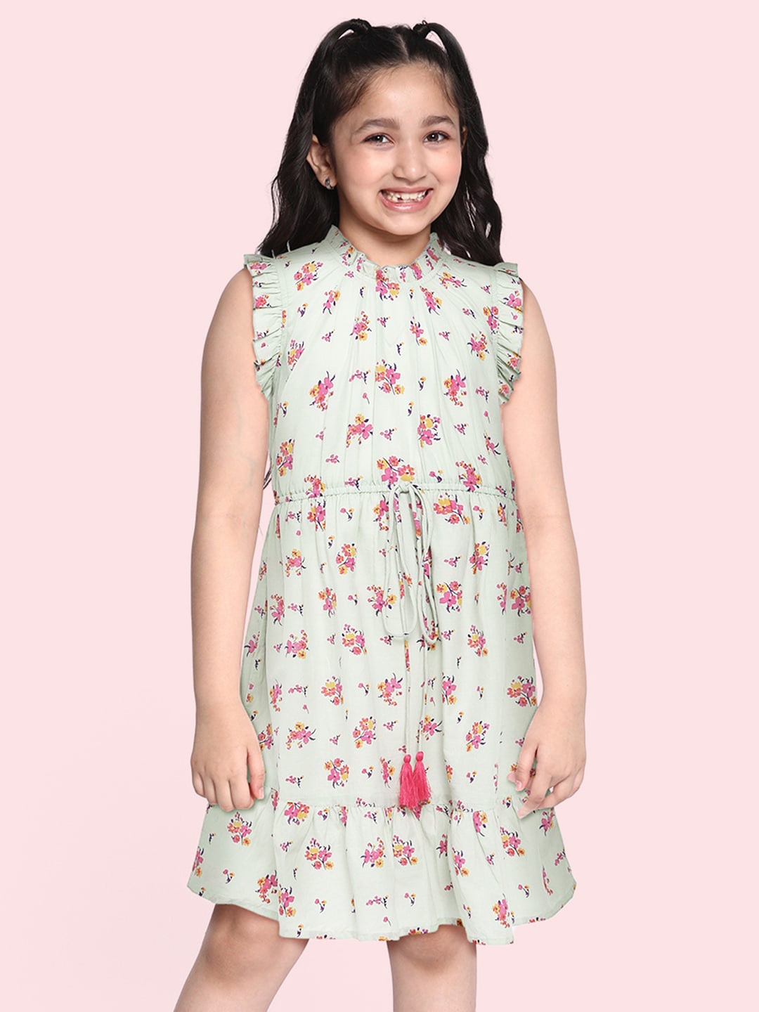 

HERE&NOW Girls Green Pure Cotton Printed Peplum Dress