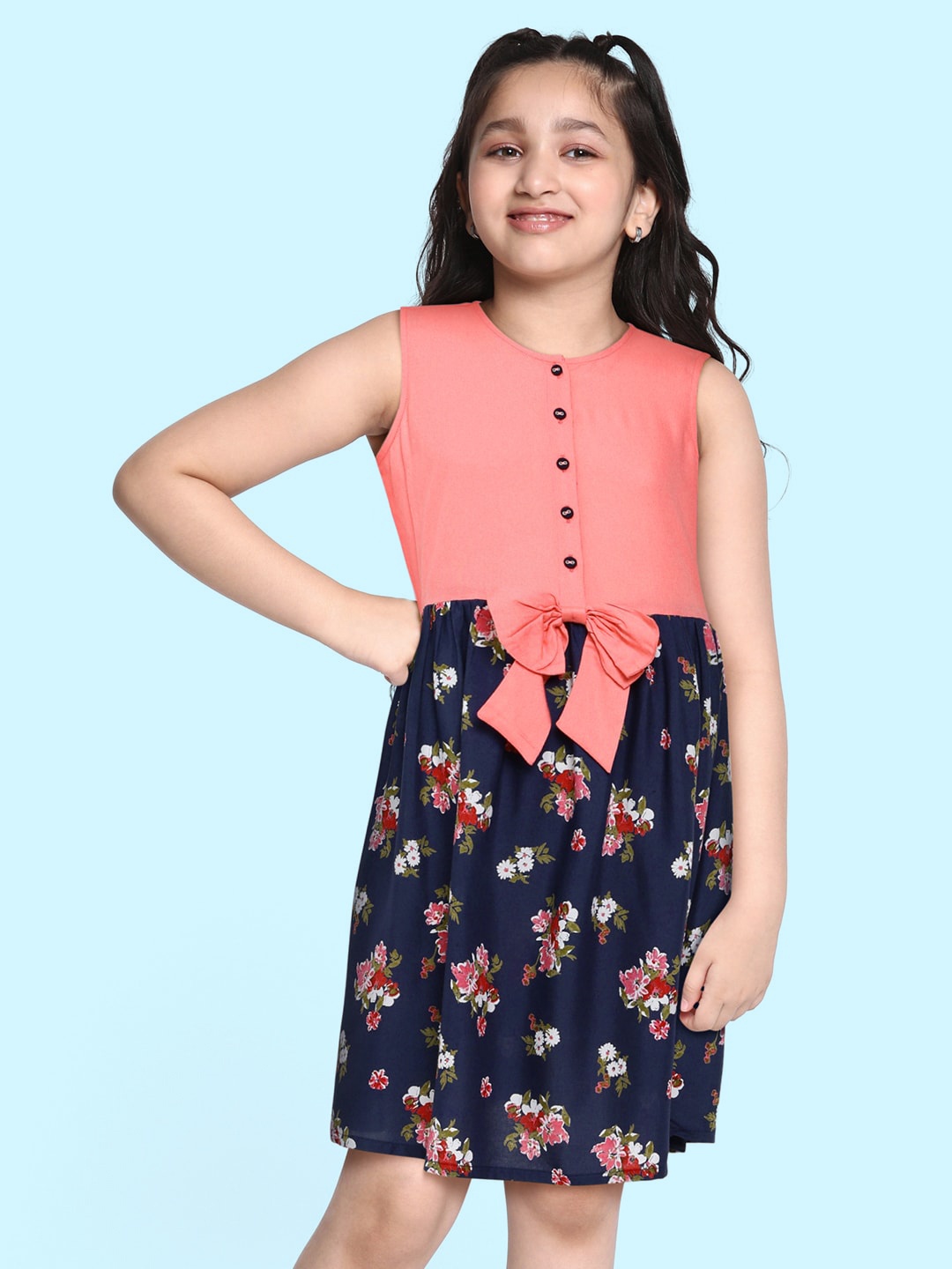 

HERE&NOW Hirls Pink & Blue Floral Printed Fit & Flare Dress