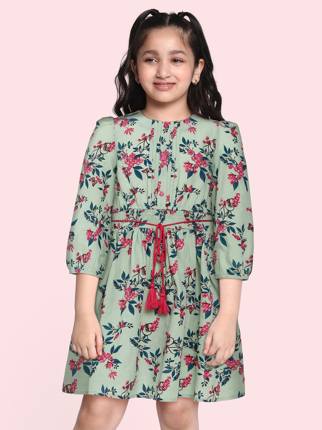 

HERE&NOW Girls Green Floral Printed Pure Cotton Fit and Flared Dress