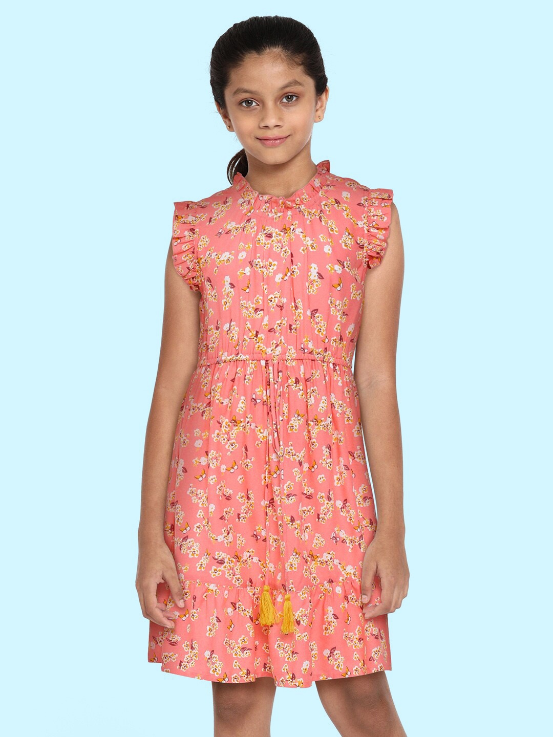 

HERE&NOW Girls Coral Pink Printed Peplum Dress